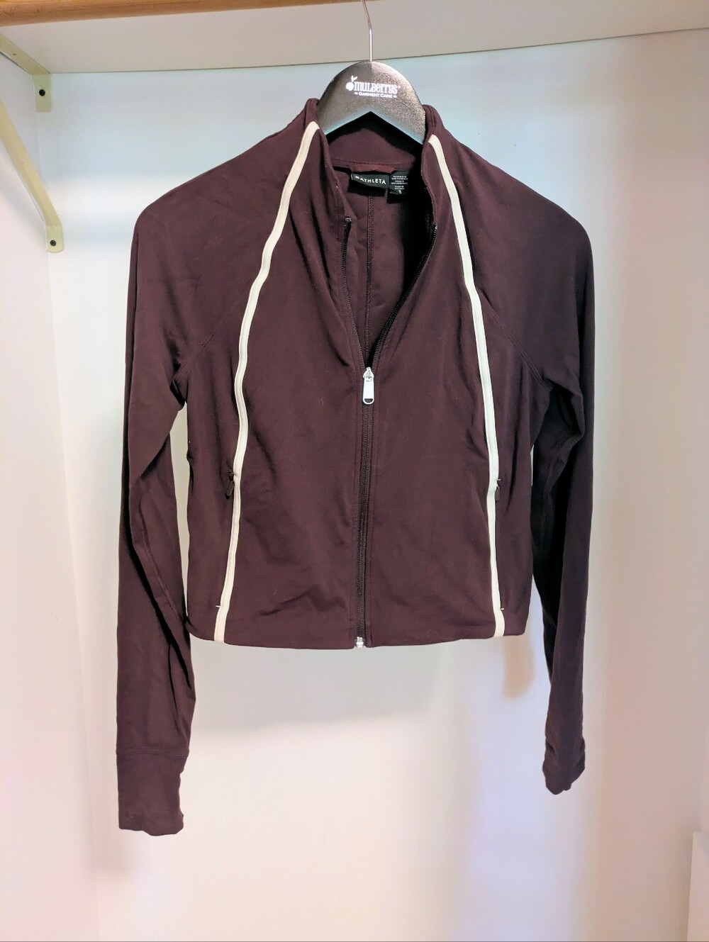 Athleta Brown Zip-Front Active Bomber with Cream Trim